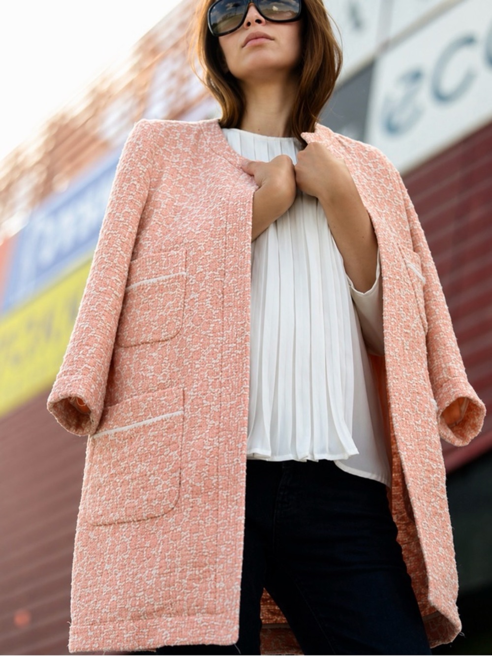 ZARA Pink Bouclé Jacquard Chanel-Inspired Longline Coat Jacket Size S